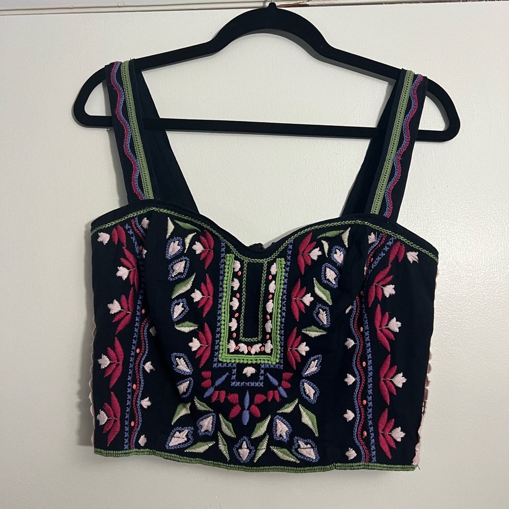 Anthropologie Black Embroidered Floral Crop Top